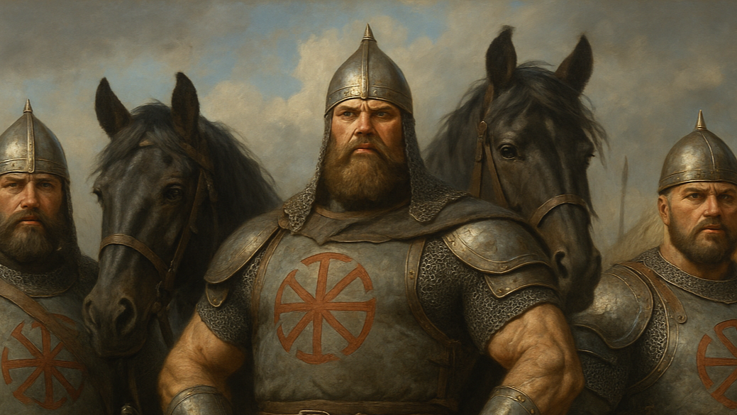 3 muscular russian slavic bogatyrs with a kolovrat on their armour with 3 horses